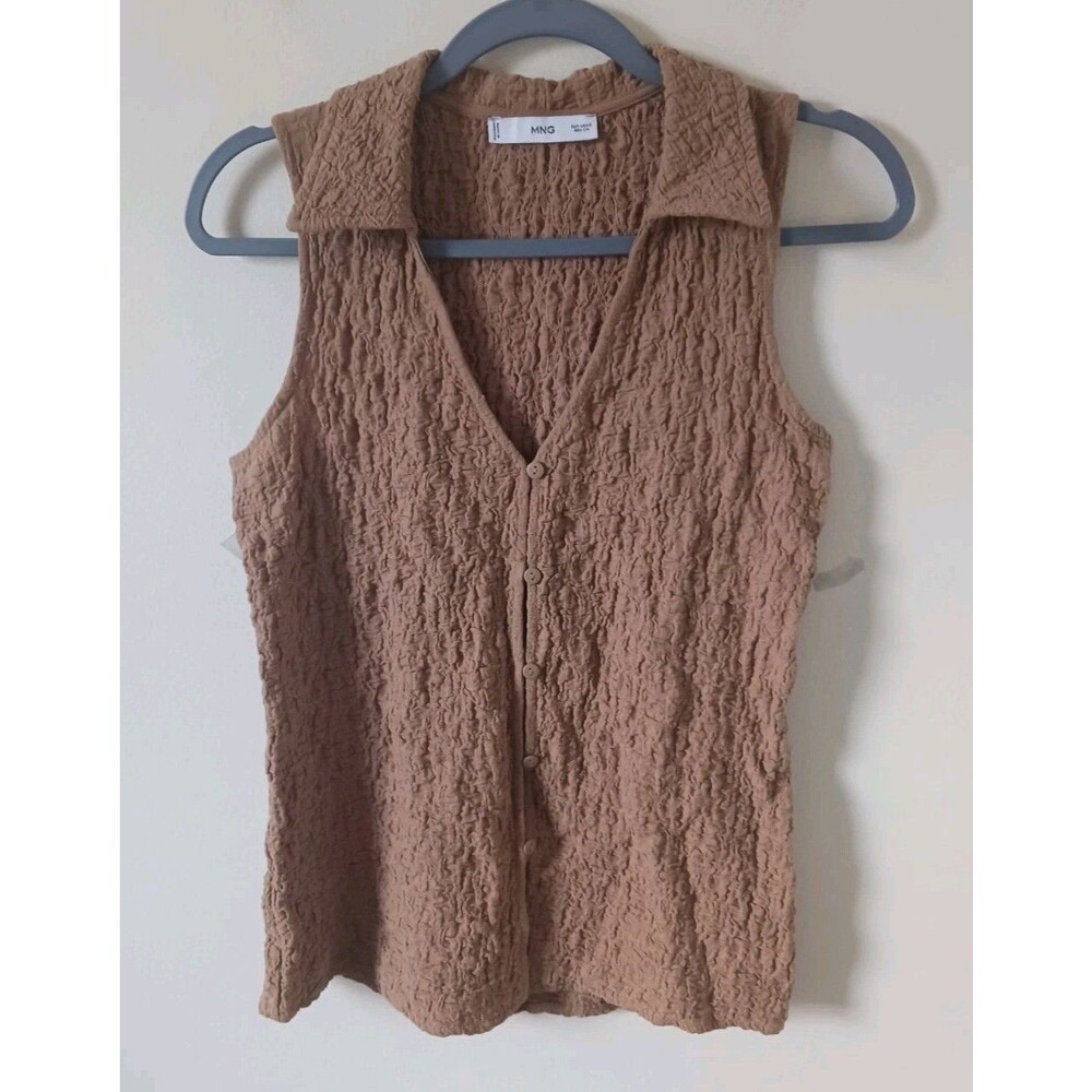MNG Crinkle Top Women S Khaki V Neck Button Front Sleeveless